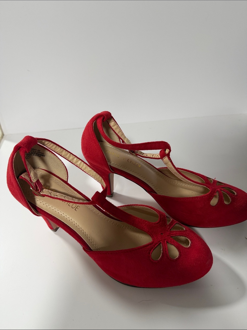 Chase + Chloe Red Suede T-Strap Mid Heels